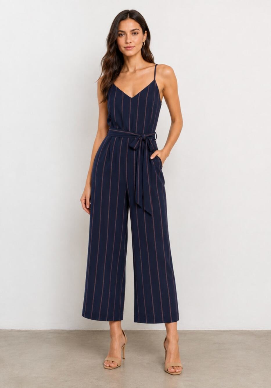 L'Agence Jaelyn Camisole Silk Wide Leg Jumpsuit Navy Blue Stripes Size 2